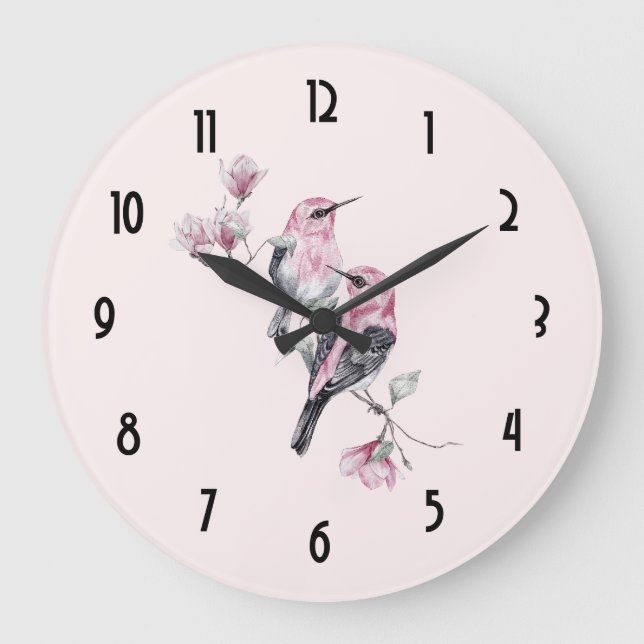 Rosa und schwarze Vögel auf einem Baumzweig Große Wanduhr (Vorderseite)
