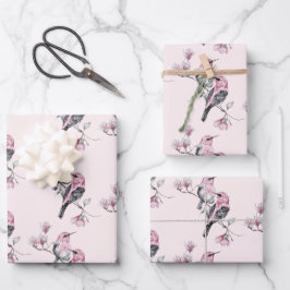 Rosa und schwarze Vögel auf einem Baumzweig-Muster Geschenkpapier Set