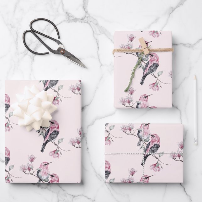 Rosa und schwarze Vögel auf einem Baumzweig-Muster Geschenkpapier Set (Vorderseite)