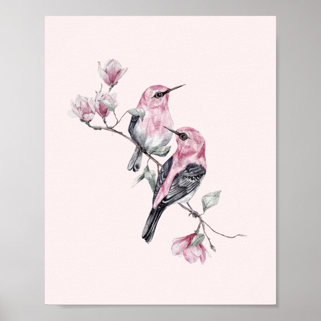 Rosa und schwarze Vögel auf einem Baumzweig Poster (Vorne)