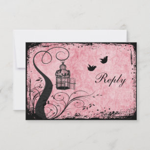Rosa und schwarze Vogelkäfig-Liebesspatzen-Antwort RSVP Karte