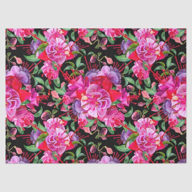 Rosa und schwarze Wasserfarbe Fuchsia Blüten Seidenpapier (Vorderseite)