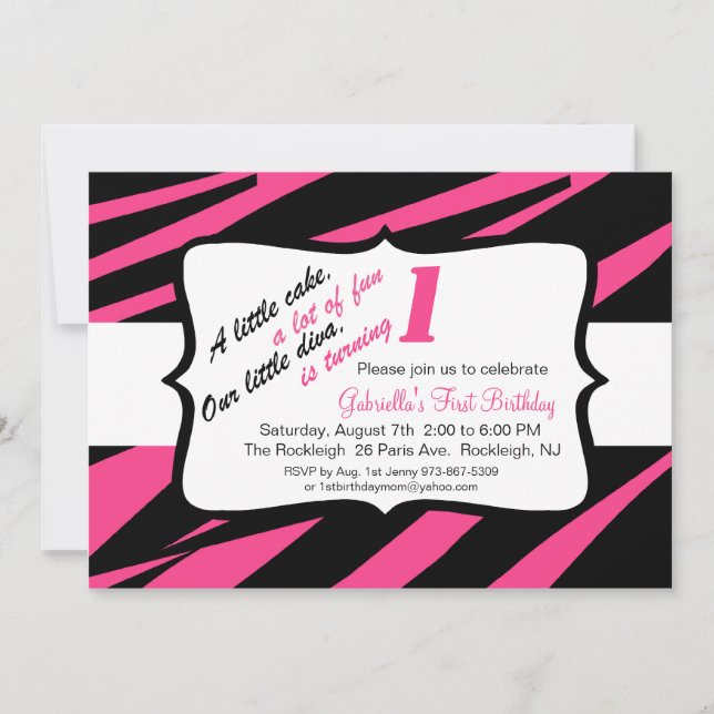 Rosa und schwarze Zebra Girls Einladung zum ersten (Vorderseite)
