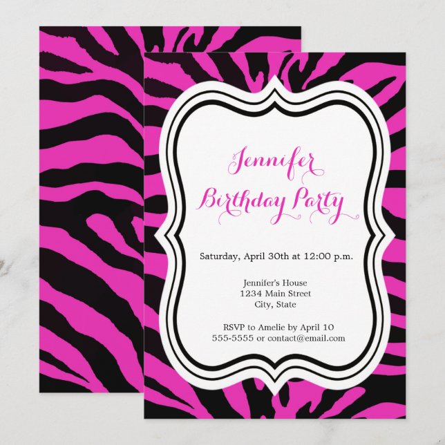 Rosa und schwarze Zebra-Modefrau zum Geburtstag Einladung (Vorne/Hinten)