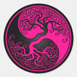 Rosa und schwarzer Baum des Lebens Yin Yang Runder Aufkleber