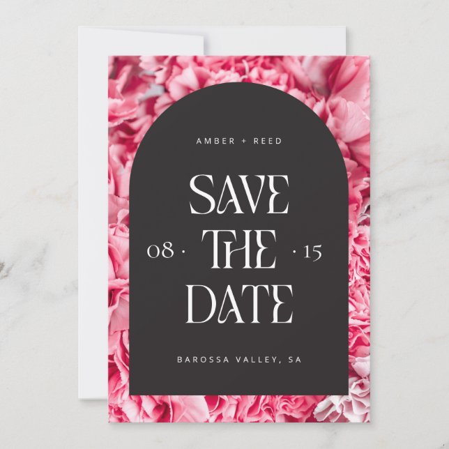 Rosa und schwarzer Blumenbogen Retro Moderner Schr Save The Date (Vorderseite)