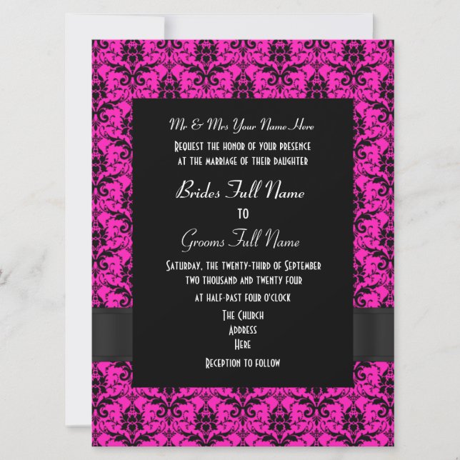 Rosa und schwarzer Damast feierliche Hochzeit Einladung (Vorderseite)