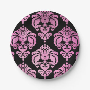 Rosa und schwarzer Damast Vintage Hochzeits-Event- Pappteller