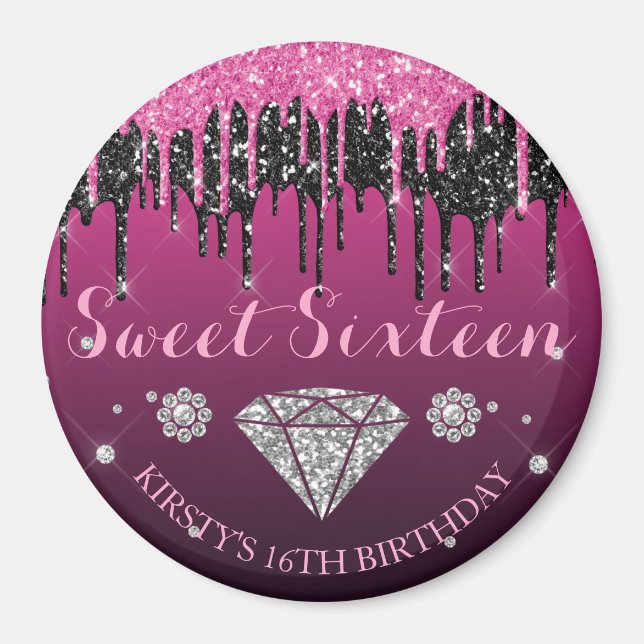 Rosa und schwarzer Glitter-Drip-Diamant Sweet Sixt Magnet (Vorne)