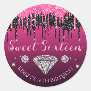 Rosa und schwarzer Glitter-Drip-Diamant Sweet Sixt Runder Aufkleber