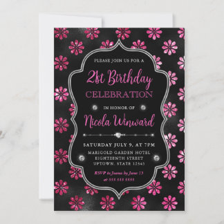 Rosa und schwarzer Glitzer Blume 21. Geburtstag Einladung