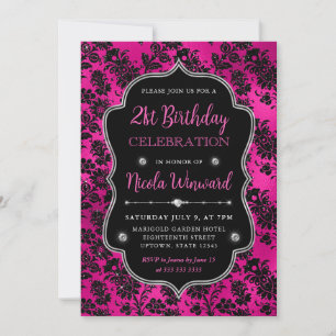 Rosa und schwarzer Glitzer Blume Damask 21. Geburt Einladung