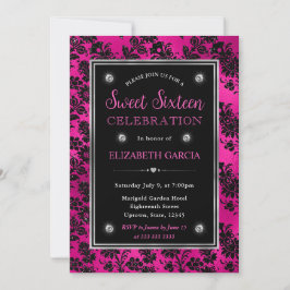 Rosa und schwarzer Glitzer BlumenDamast Sweet 16 Einladung