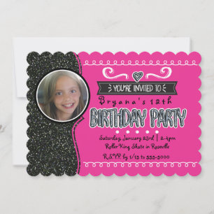 Rosa und Schwarzer Glitzer Girls Party Foto Einlad Einladung