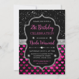 Rosa und schwarzer Glitzer Herzen 21. Geburtstag Einladung