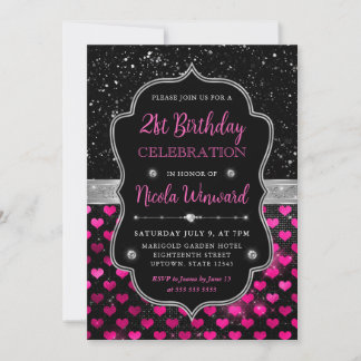 Rosa und schwarzer Glitzer Herzen 21. Geburtstag Einladung