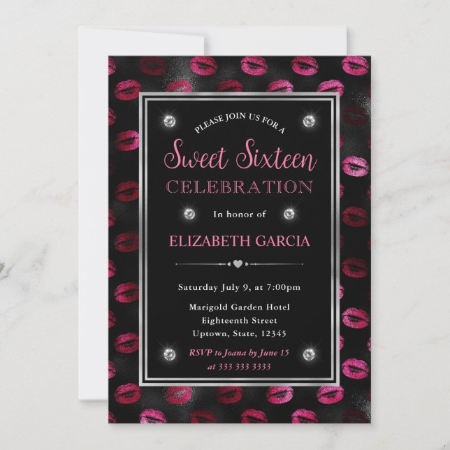 Rosa und schwarzer Glitzer Lips Muster 16 . Geburt Einladung (Vorderseite)