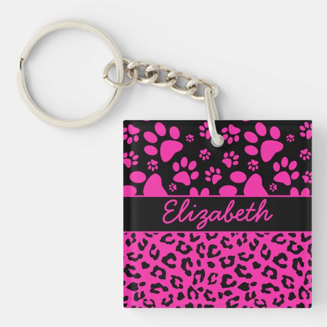 Rosa und schwarzer Leopard-Druck und Tatzen Schlüsselanhänger (Vorderseite)