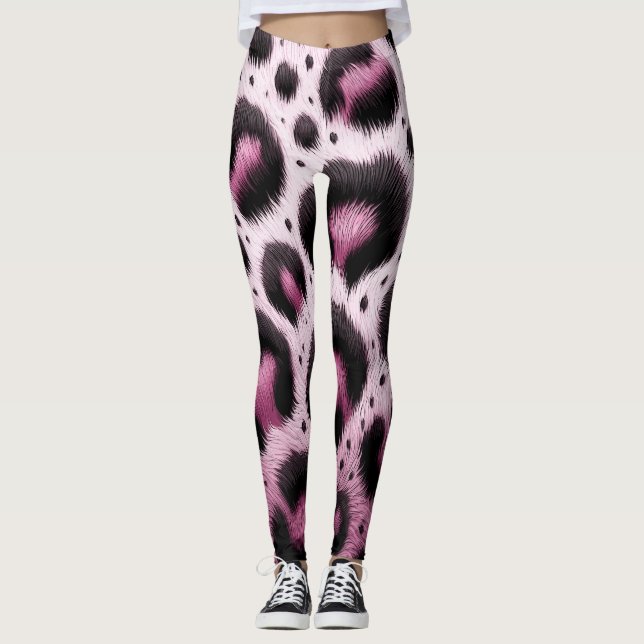 Rosa und schwarzer Leopard Pelztierdruckpunkte Leggings (Vorderseite)