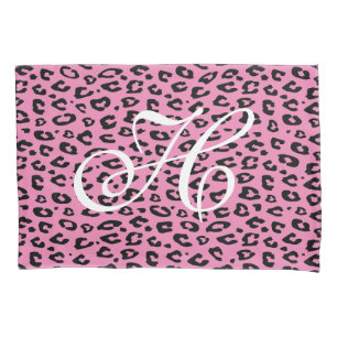 Rosa und schwarzer Leoparden-Druck Monogramm-Kisse Kissenbezug