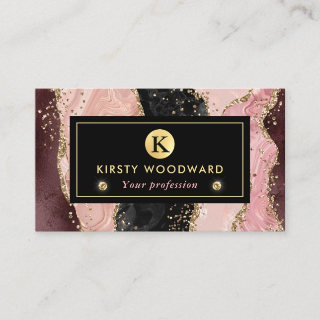 Rosa und schwarzer Stein mit Gold Glitzer Agate Visitenkarte (Vorderseite)