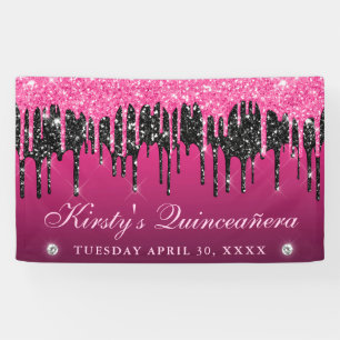 Rosa und schwarzer tropfender Glitter Quinceanera Banner