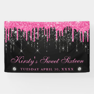 Rosa und schwarzer tropfender Glitter Sweet Sixtee Banner