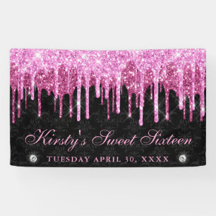 Rosa und schwarzer tropfender Glitter Sweet Sixtee Banner