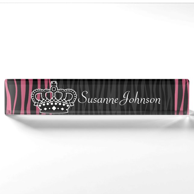 Rosa und schwarzer Zebradruck Girly Prinzessin Namensplakette (Vorderseite)