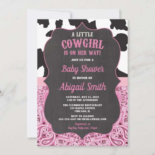 rosa und schwarzes Cowgirl-Babypartymädchen Einladung (Vorderseite)