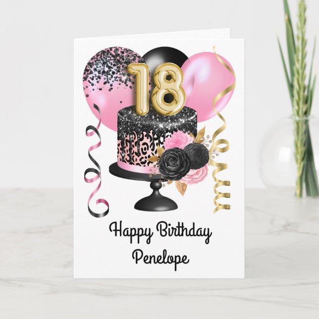 Rosa und schwarzes Gold 18. Geburtstag Karte (Vorderseite)