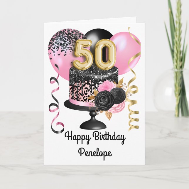 Rosa und schwarzes Gold 50. Geburtstag Karte (Vorderseite)