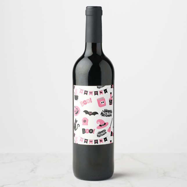 Rosa und Schwarzes Halloween Weinetikett (Vorderseite)
