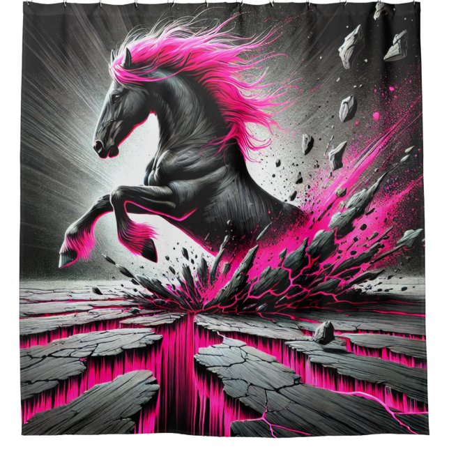 Rosa und Schwarzes Pferd Kunst Duschvorhang (Vorderseite)