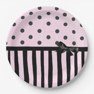 Rosa und schwarzes Polka-Punkt-gestreiftes Pappteller