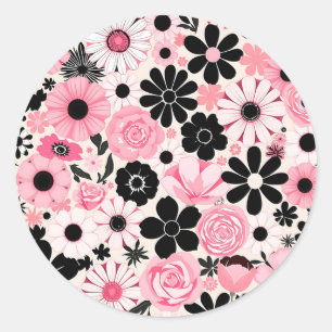 Rosa und schwarzes retro botanisches Blumenmuster Runder Aufkleber