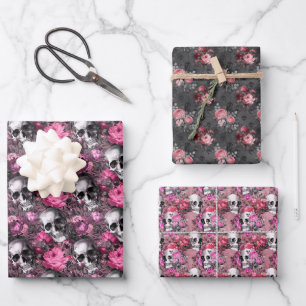 Rosa und schwarzgotische Blütenschädel Geschenkpapier Set