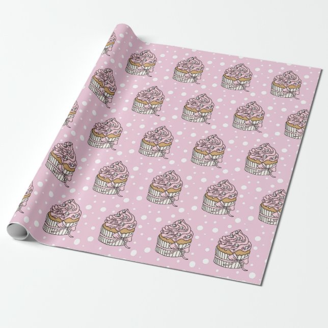 Rosa und silberne Cupcakes Polka Dot Geschenkpapier (Ungerollt)