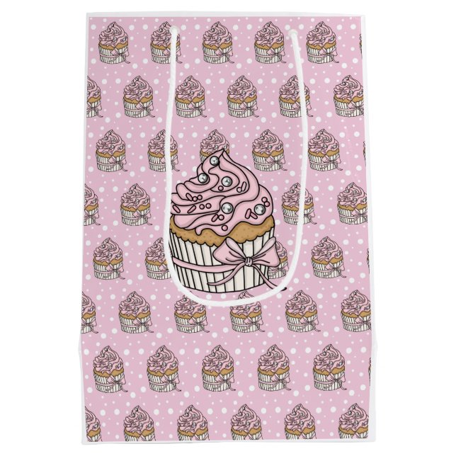 Rosa und silberne Cupcakes Polka Dot Mittlere Geschenktüte (Rückseite)