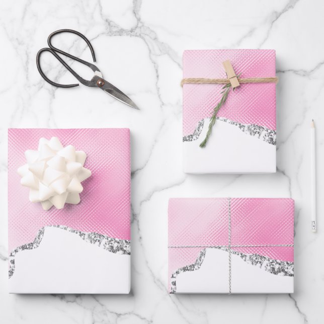 Rosa und silberne Imitate Glitzer Border Stilvoll Geschenkpapier Set (Vorderseite)