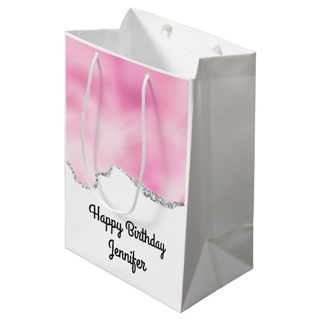 Rosa und silberne Imitate Glitzer Border Stilvoll Mittlere Geschenktüte (Vorderseite Schrägansicht)