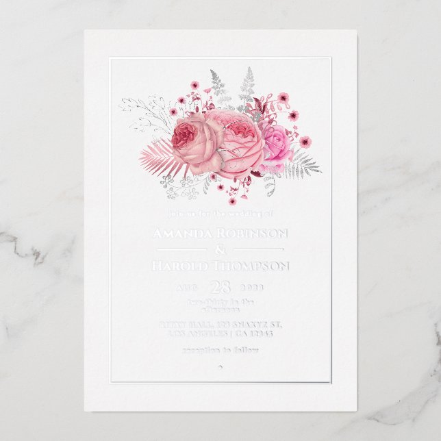 Rosa und silberne Tropenblumenhochzeit Folieneinladung (Vorderseite)