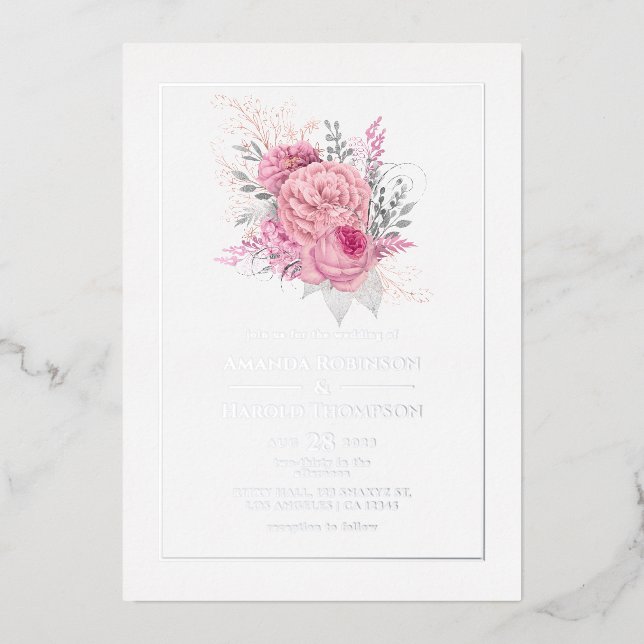 Rosa und silberne tropische Blumenfolie Folieneinladung (Vorderseite)