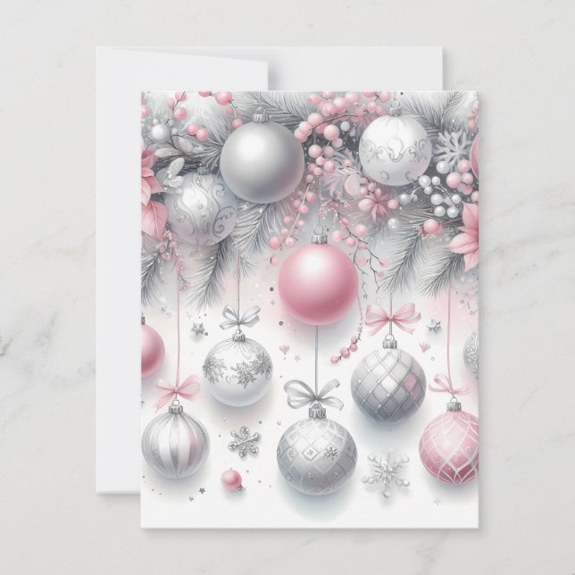 Rosa und Silberne Weihnachtsschmuck Hintergrund Feiertagskarte (Vorderseite)