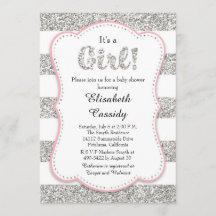 Rosa und Silberner Glitzer Girl Baby Dusche Einlad