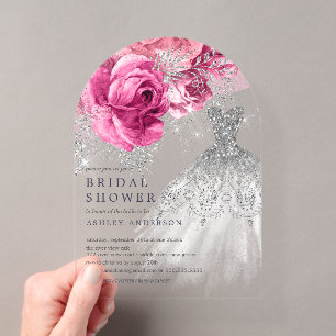 Rosa und silbernes Brautparty für Hochzeitskleidun Acryleinladungen