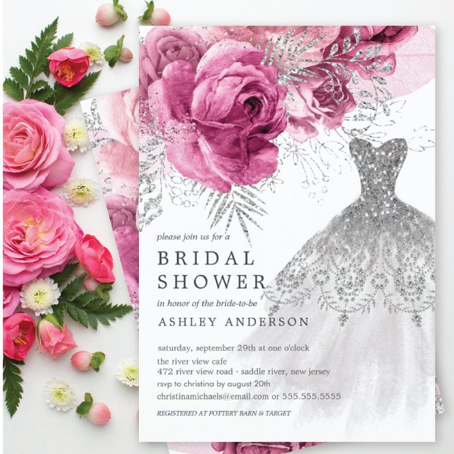 Rosa und silbernes Brautparty für Hochzeitskleidun Einladung (Von Creator hochgeladen)