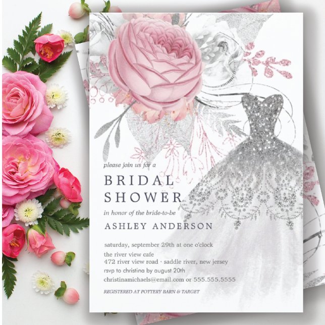 Rosa und silbernes Brautparty für Hochzeitskleidun Einladung (Von Creator hochgeladen)