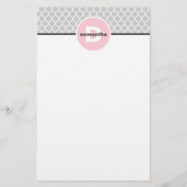 Rosa und silbernes Quatrefoil Monogramm Briefpapier (Vorderseite)