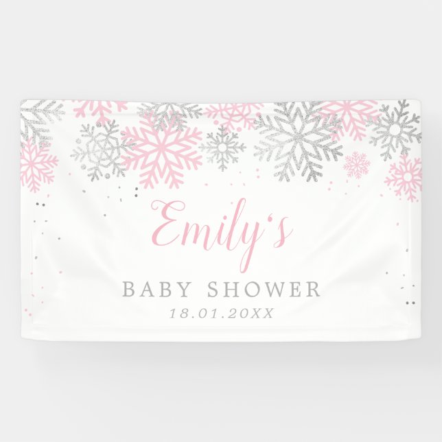 Rosa und Silberschneeflocken Girl Baby Dusche Banner (Horizontal)